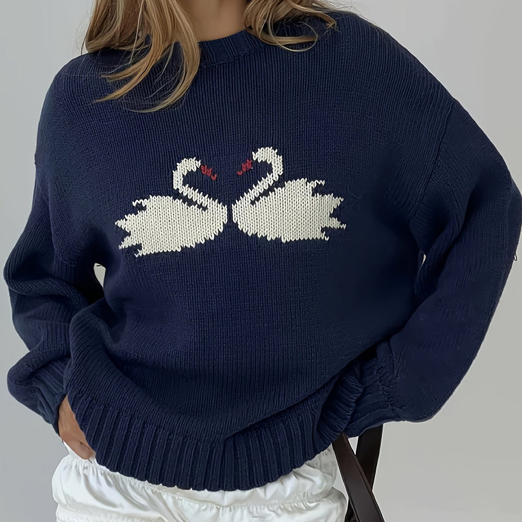 Women'S Elegant Long Sleeve Pullover Sweater - Cute White Swan Design, Round Neck, Soft & Cozy for Spring/Summer/Fall, Cute Sweaters
