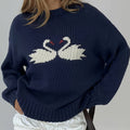 Women'S Elegant Long Sleeve Pullover Sweater - Cute White Swan Design, Round Neck, Soft & Cozy for Spring/Summer/Fall, Cute Sweaters