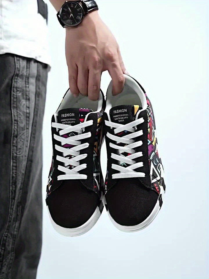 Men'S Fashion Graffiti Letter Print Canvas Sneakers - Casual Lace-up Street Shoes, Running, Tennis, Basketball Shoes, All-Season Comfort, Preppy Style, Low Top, Fabric Upper & Inner, PVC Sole, Cloth Insole, Round Toe