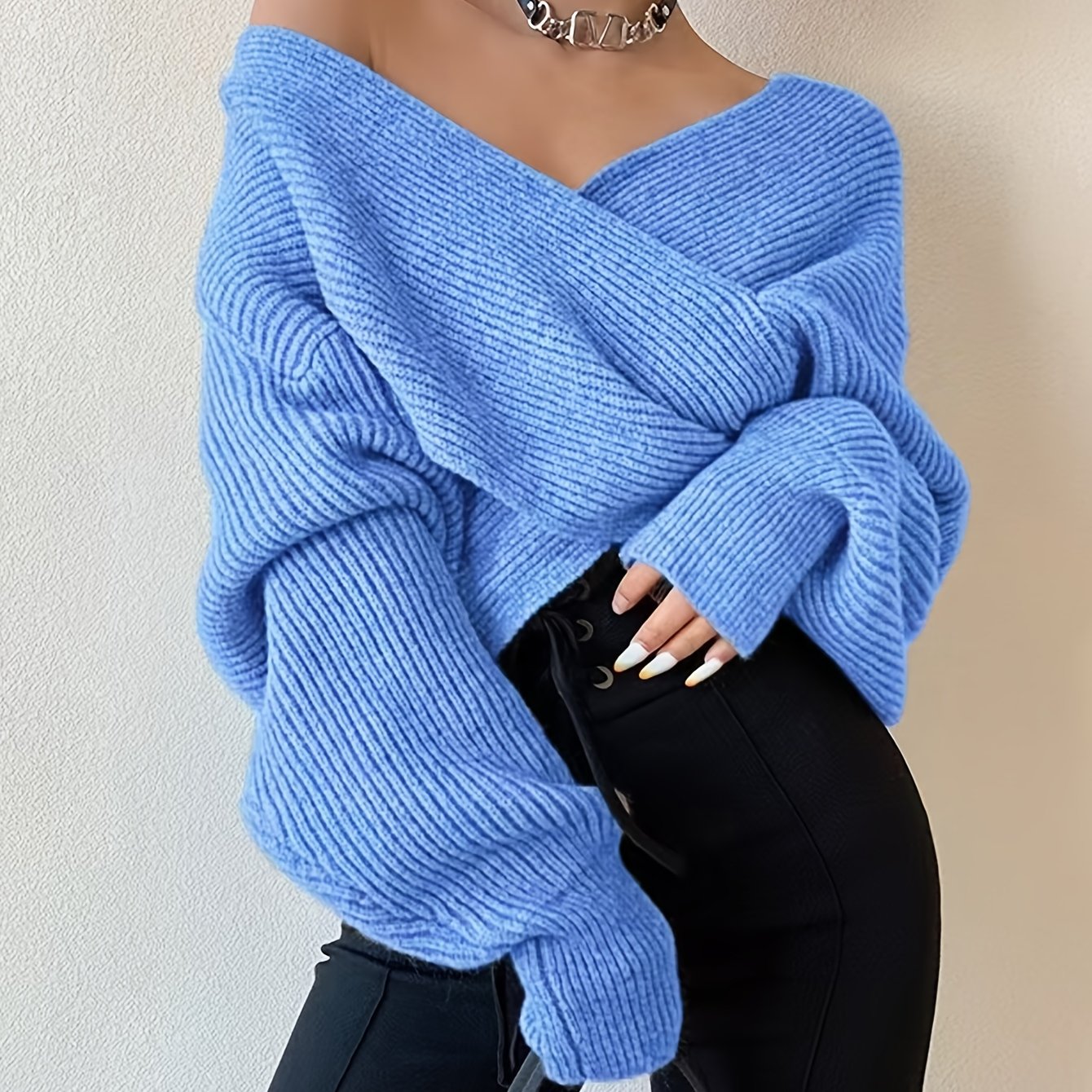 Women's Sexy Off-Shoulder Cross Shoulder Asymmetrical Hem Sweater - Soft Blue Ribbed Loose Fit Short Length H-Line Top for Fall Winter Layering, Ladies Sweaters for Winter, Seasonal Outfit, Breathable Fabric, Pullover, Casual
