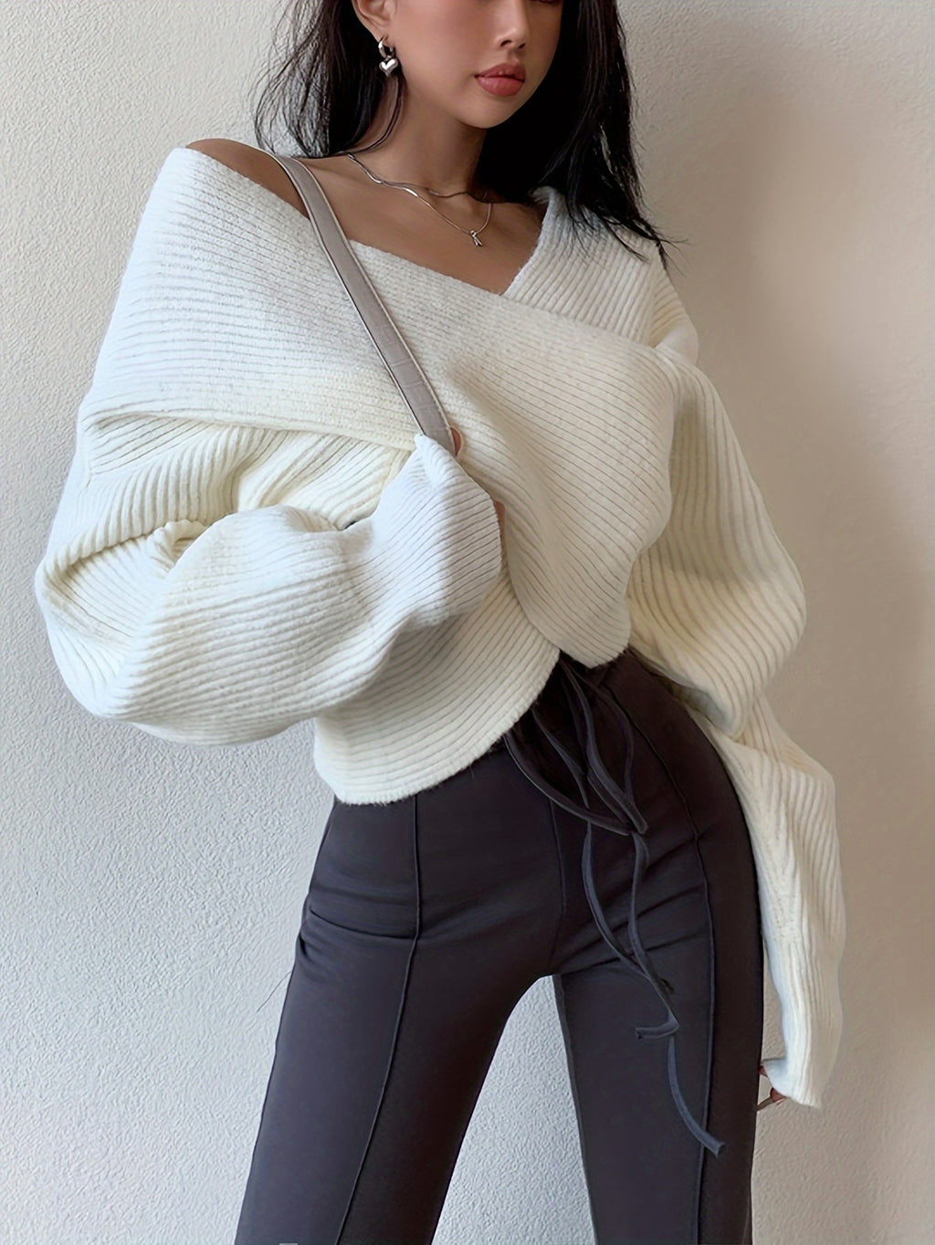 Women's Sexy Off-Shoulder Cross Shoulder Asymmetrical Hem Sweater - Soft Blue Ribbed Loose Fit Short Length H-Line Top for Fall Winter Layering, Ladies Sweaters for Winter, Seasonal Outfit, Breathable Fabric, Pullover, Casual