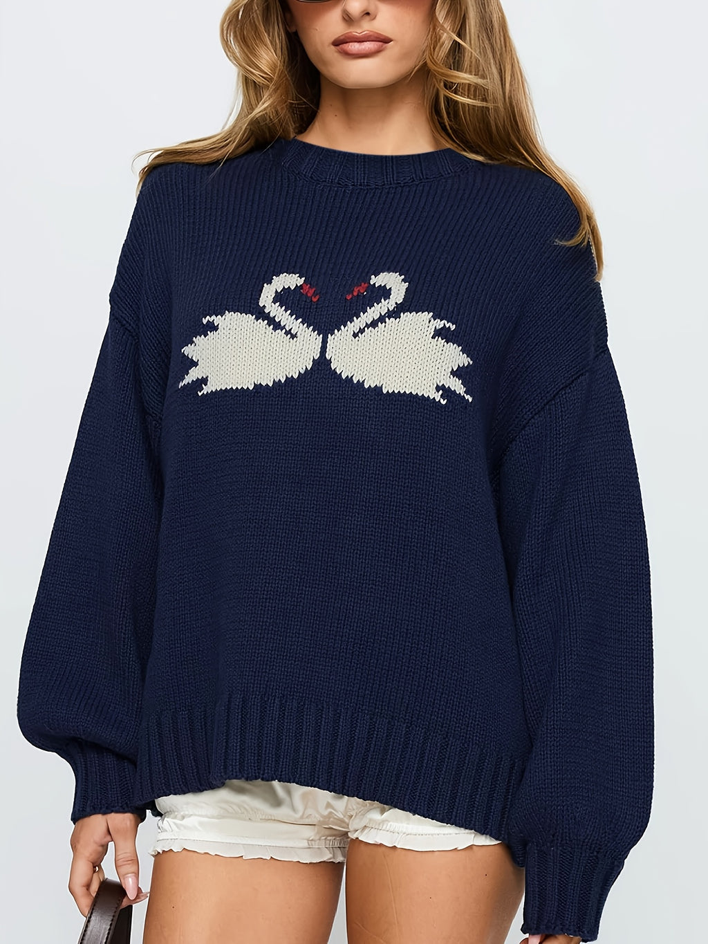 Women'S Elegant Long Sleeve Pullover Sweater - Cute White Swan Design, Round Neck, Soft & Cozy for Spring/Summer/Fall, Cute Sweaters