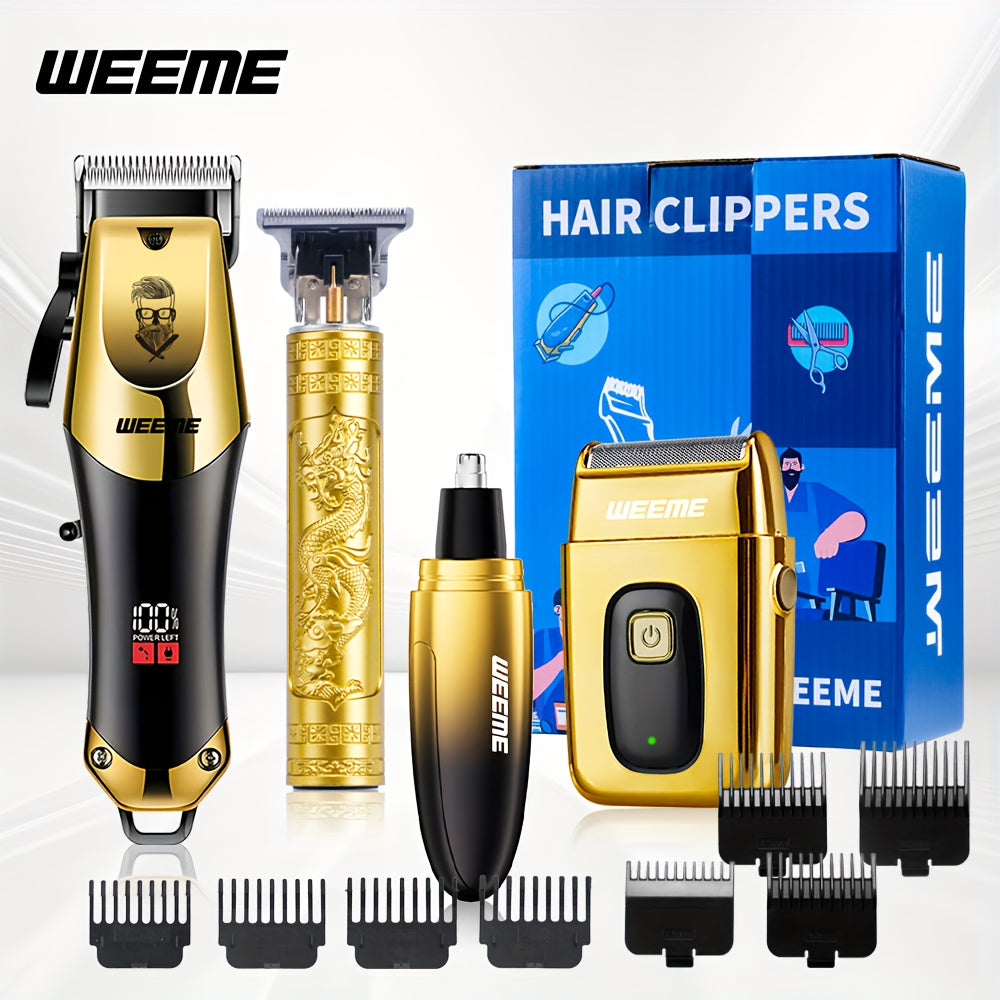4pcs WEEME Men'S Golden Electric Hair Trimmer Set | Includes Hair Clipper, Shaver, Nose Hair Trimmer, And Fine Trimmer for Home, Car, And Travel Use | USB Charging, Rechargeable Lithium Battery
