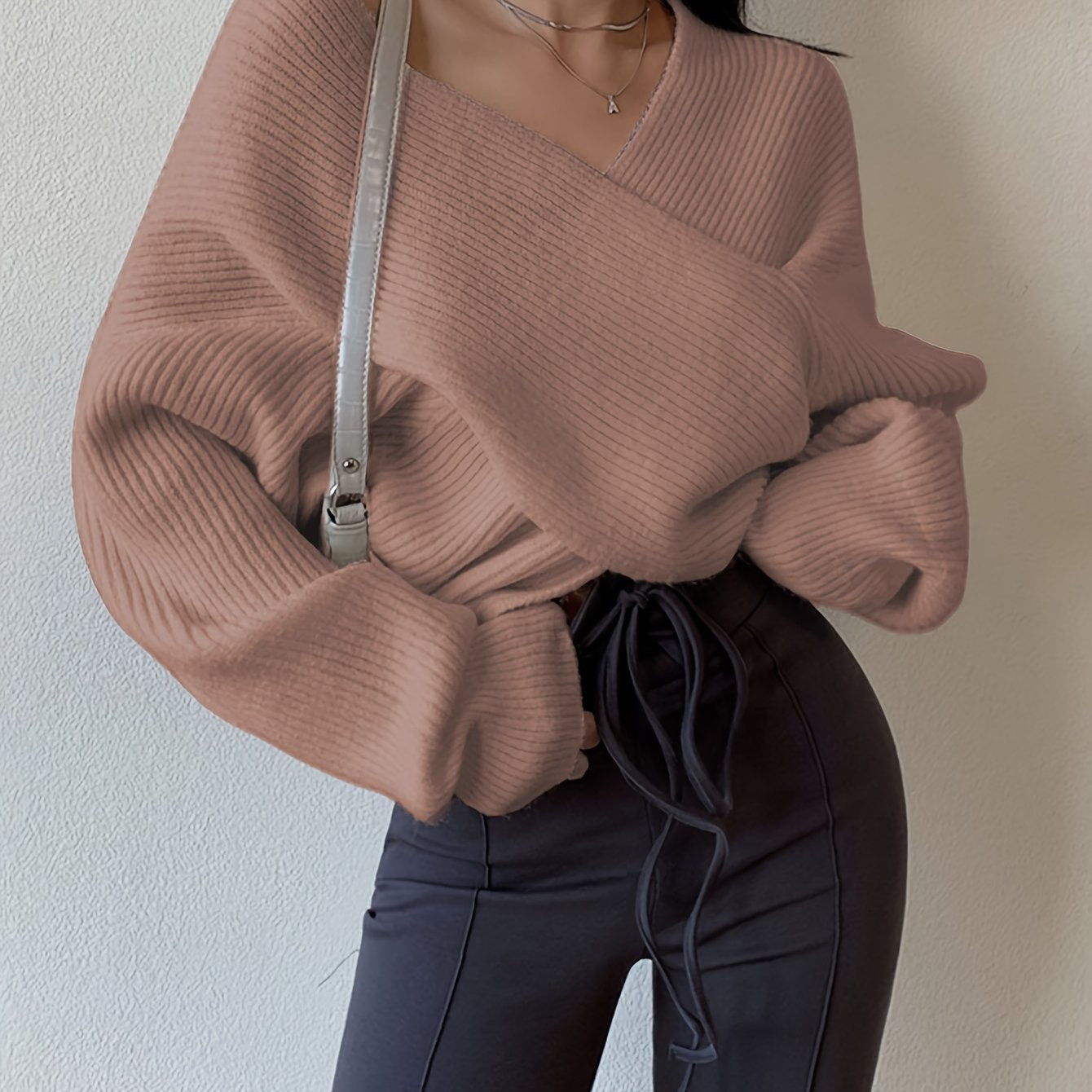 Women's Sexy Off-Shoulder Cross Shoulder Asymmetrical Hem Sweater - Soft Blue Ribbed Loose Fit Short Length H-Line Top for Fall Winter Layering, Ladies Sweaters for Winter, Seasonal Outfit, Breathable Fabric, Pullover, Casual