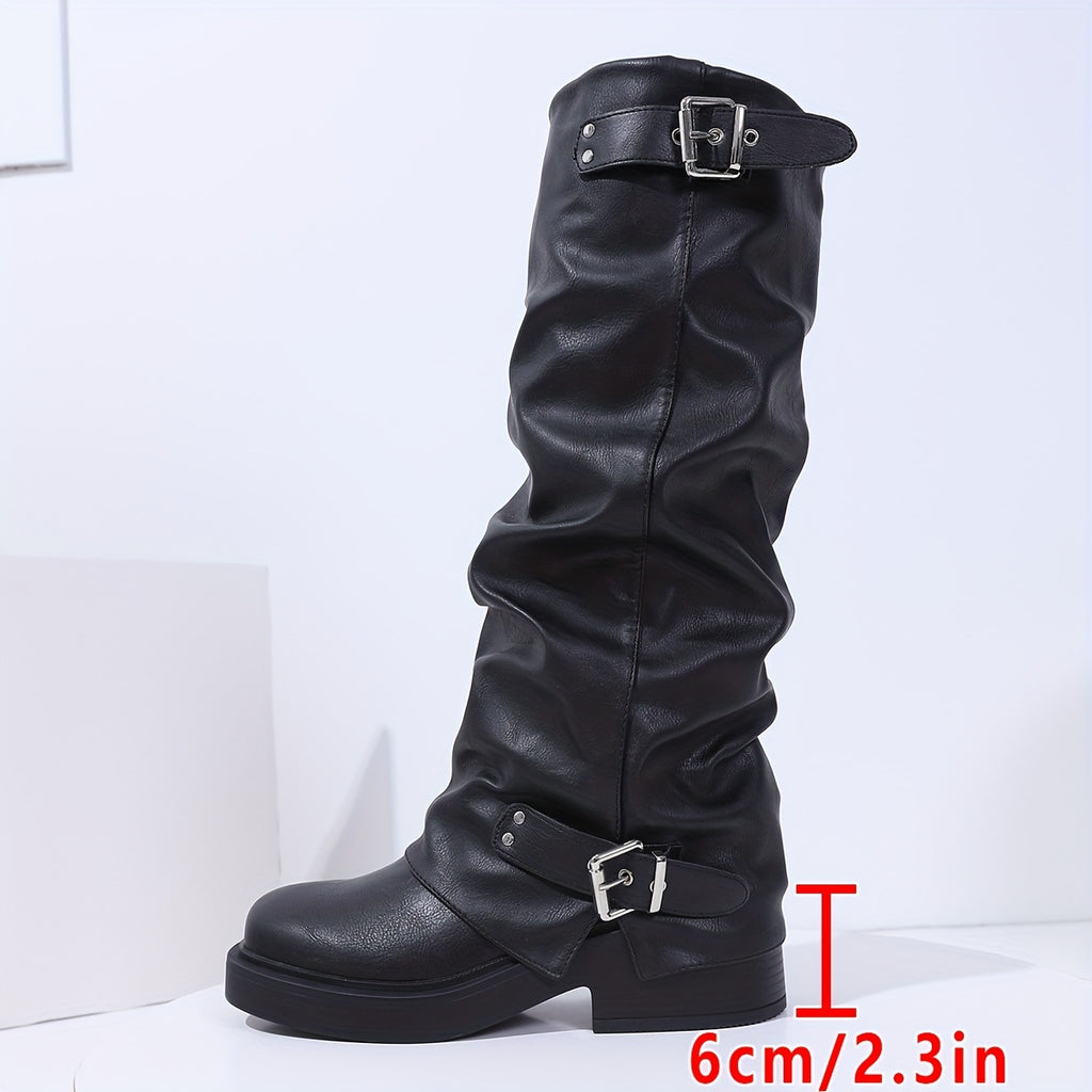 Fashion Trend! Black High-Top Thick-Sole Chunky Heel Boots, Comfortable and Elegant Double Buckle Embellished Women's Boots