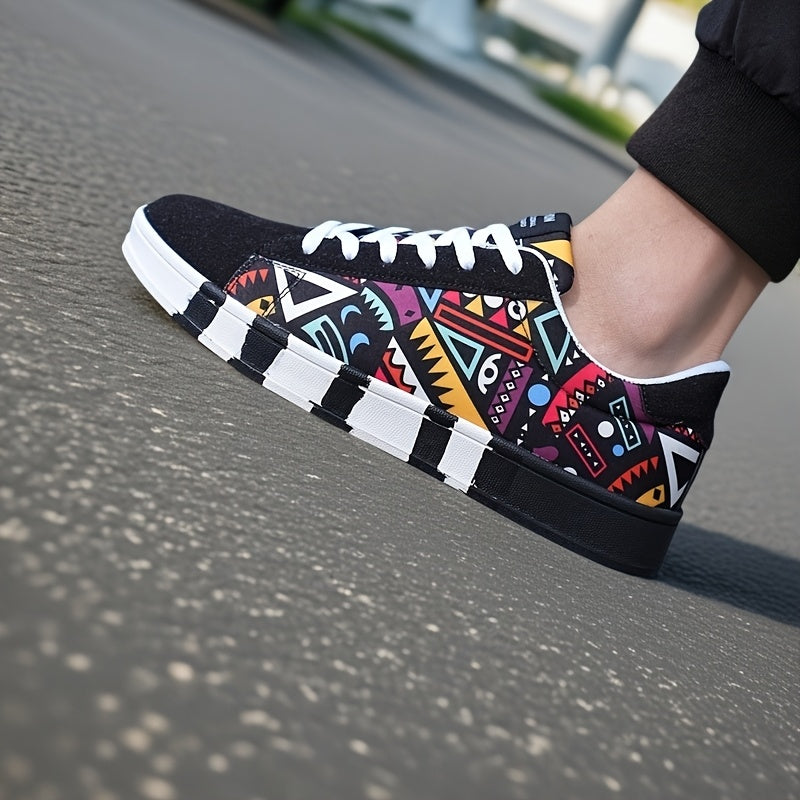 Men'S Fashion Graffiti Letter Print Canvas Sneakers - Casual Lace-up Street Shoes, Running, Tennis, Basketball Shoes, All-Season Comfort, Preppy Style, Low Top, Fabric Upper & Inner, PVC Sole, Cloth Insole, Round Toe