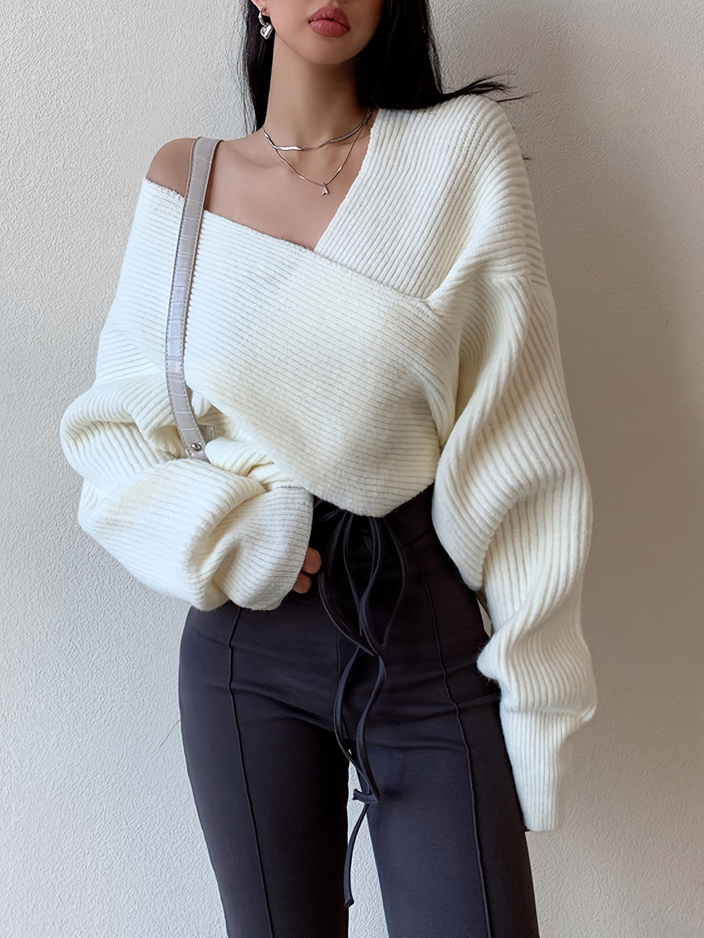 Women's Sexy Off-Shoulder Cross Shoulder Asymmetrical Hem Sweater - Soft Blue Ribbed Loose Fit Short Length H-Line Top for Fall Winter Layering, Ladies Sweaters for Winter, Seasonal Outfit, Breathable Fabric, Pullover, Casual