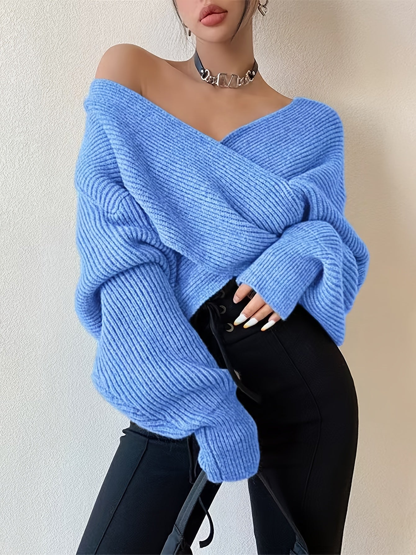 Women's Sexy Off-Shoulder Cross Shoulder Asymmetrical Hem Sweater - Soft Blue Ribbed Loose Fit Short Length H-Line Top for Fall Winter Layering, Ladies Sweaters for Winter, Seasonal Outfit, Breathable Fabric, Pullover, Casual