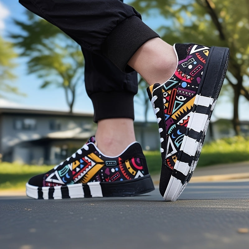 Men'S Fashion Graffiti Letter Print Canvas Sneakers - Casual Lace-up Street Shoes, Running, Tennis, Basketball Shoes, All-Season Comfort, Preppy Style, Low Top, Fabric Upper & Inner, PVC Sole, Cloth Insole, Round Toe