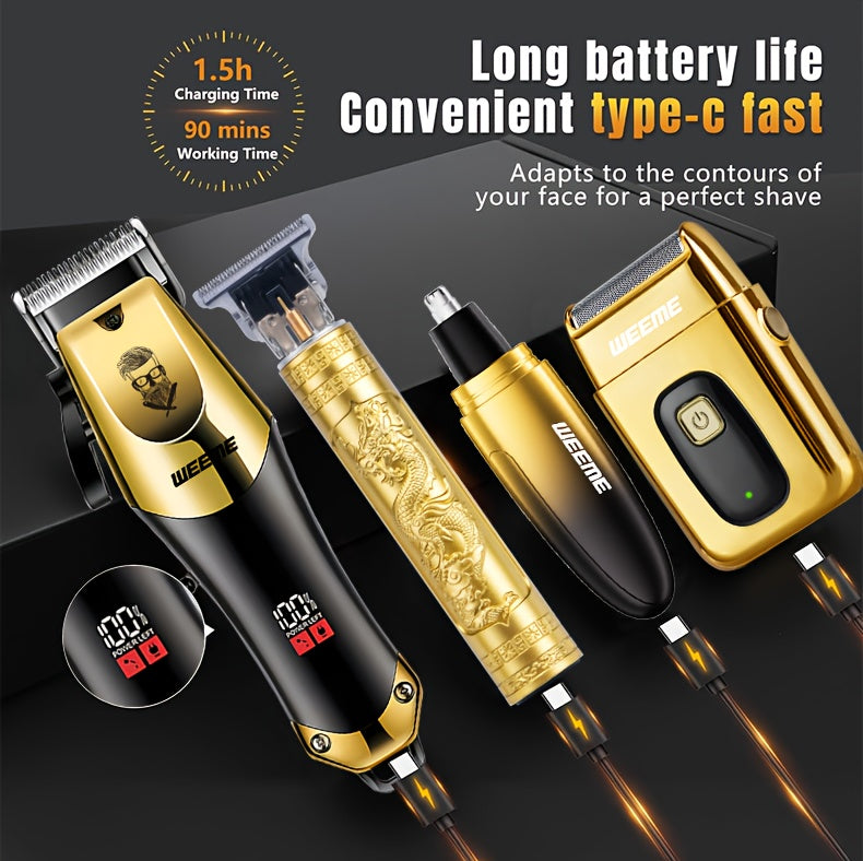 4pcs WEEME Men'S Golden Electric Hair Trimmer Set | Includes Hair Clipper, Shaver, Nose Hair Trimmer, And Fine Trimmer for Home, Car, And Travel Use | USB Charging, Rechargeable Lithium Battery