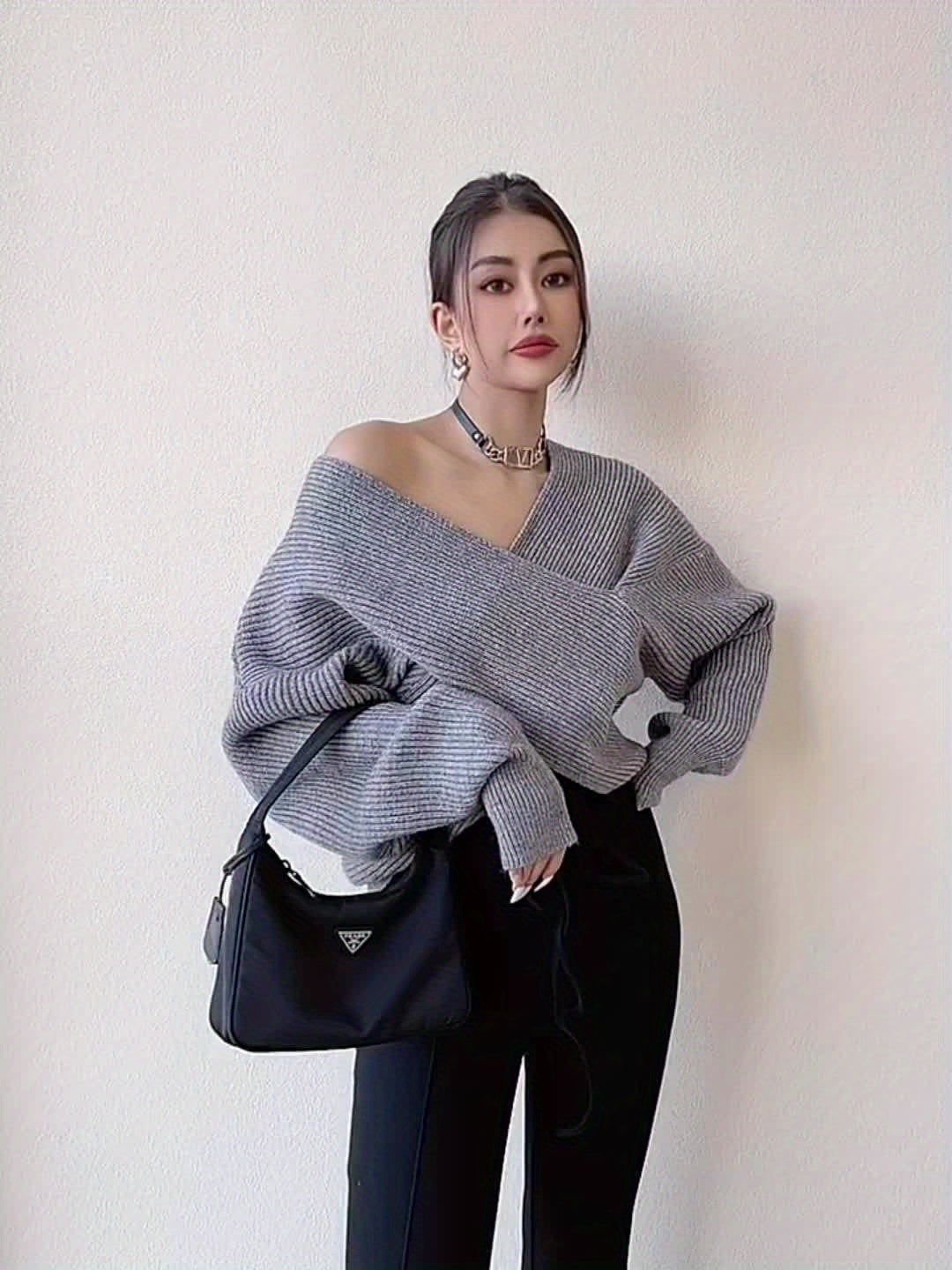 Women's Sexy Off-Shoulder Cross Shoulder Asymmetrical Hem Sweater - Soft Blue Ribbed Loose Fit Short Length H-Line Top for Fall Winter Layering, Ladies Sweaters for Winter, Seasonal Outfit, Breathable Fabric, Pullover, Casual