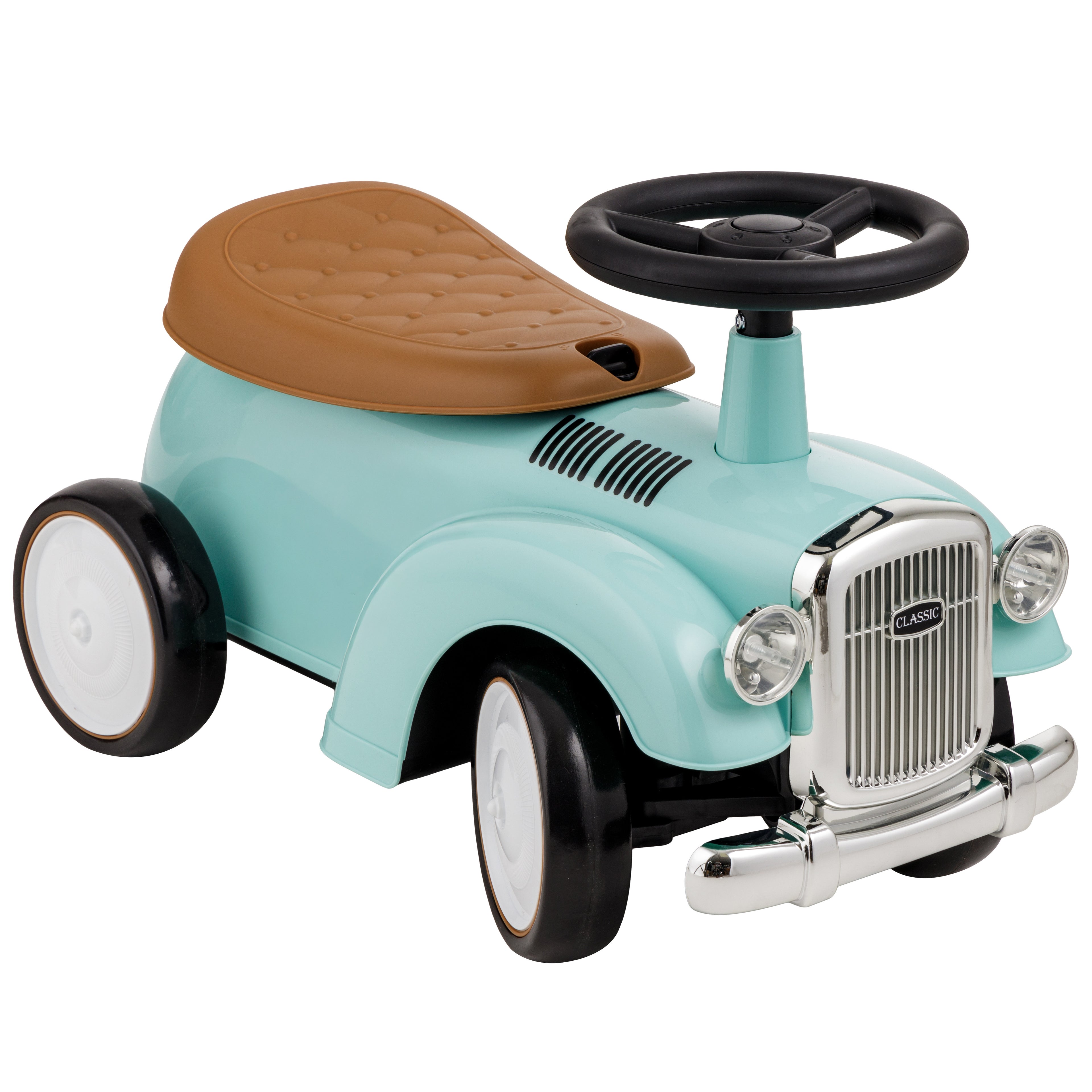 Baroni Toys Vintage Ride-On Car for Children from 12 to 36 Months, Baby Car with Air Horn, Storage Compartment, Steering Handlebar and Stable Wheels for Learning to Walk, 25x59x35 cm