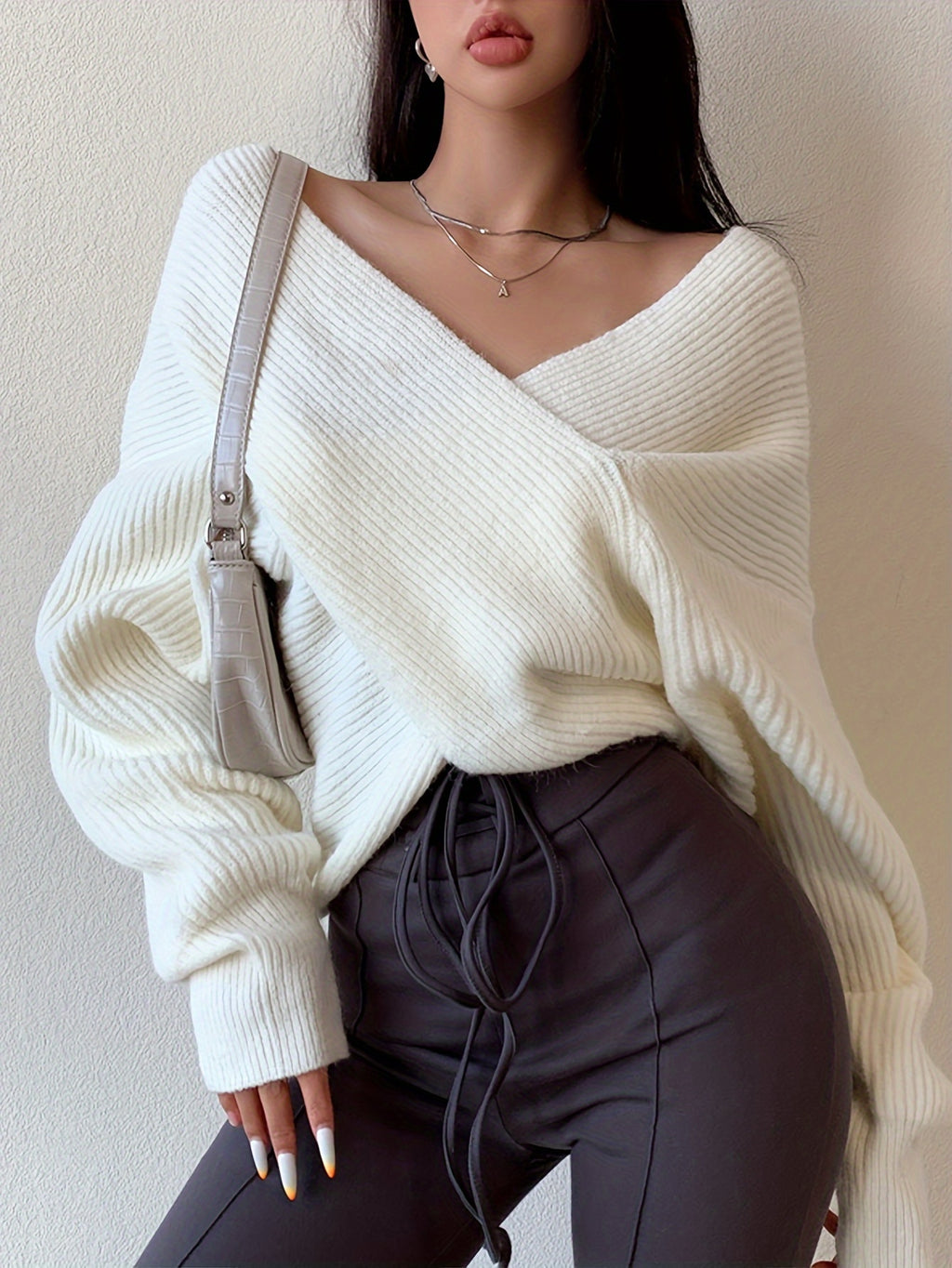 Women's Sexy Off-Shoulder Cross Shoulder Asymmetrical Hem Sweater - Soft Blue Ribbed Loose Fit Short Length H-Line Top for Fall Winter Layering, Ladies Sweaters for Winter, Seasonal Outfit, Breathable Fabric, Pullover, Casual