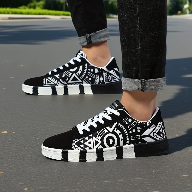 Men'S Fashion Graffiti Letter Print Canvas Sneakers - Casual Lace-up Street Shoes, Running, Tennis, Basketball Shoes, All-Season Comfort, Preppy Style, Low Top, Fabric Upper & Inner, PVC Sole, Cloth Insole, Round Toe