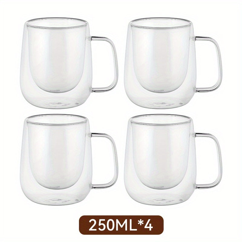 2/4pcs High Borosilicate Double-Layer Glass Mugs | Transparent Heat-Insulated Water Cup with Handles, Large Capacity, Perfect for Coffee, Tea, And Smoothies, Burn Prevention | Durable Glass, Transparent Design, Hand Wash Only