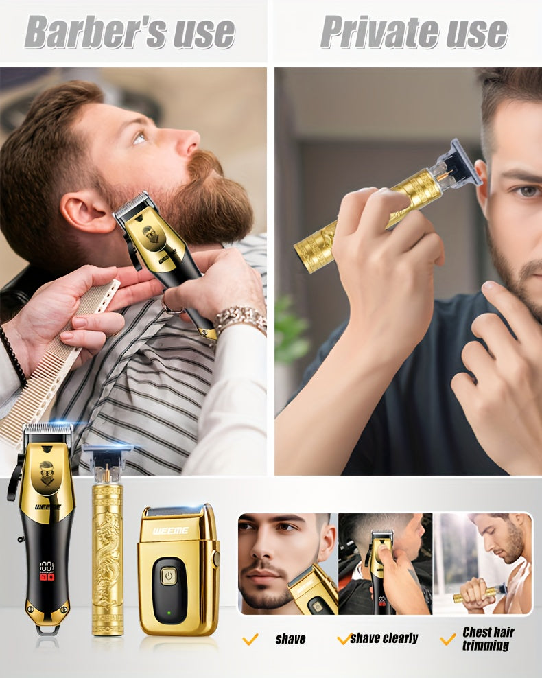 4pcs WEEME Men'S Golden Electric Hair Trimmer Set | Includes Hair Clipper, Shaver, Nose Hair Trimmer, And Fine Trimmer for Home, Car, And Travel Use | USB Charging, Rechargeable Lithium Battery