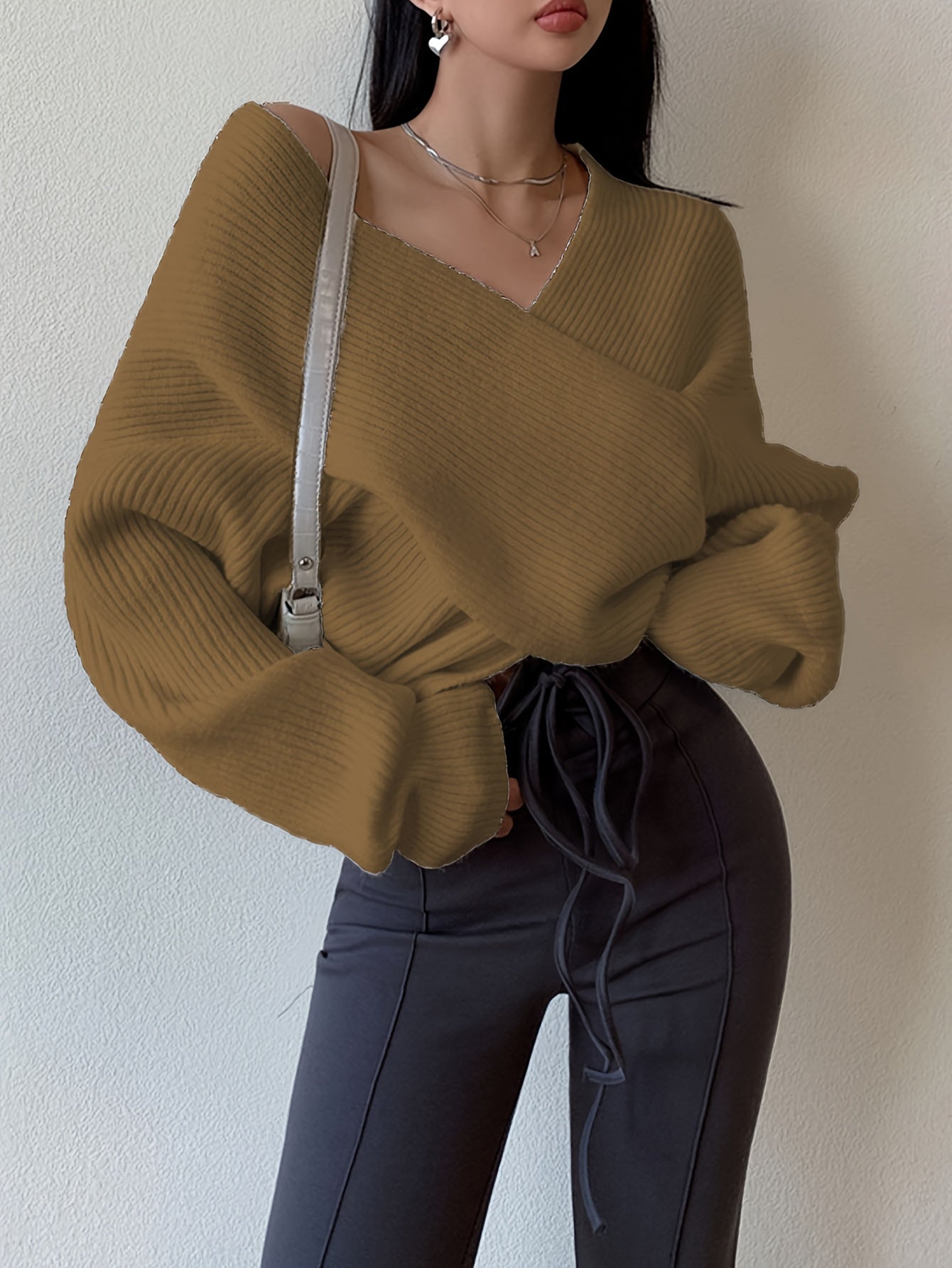 Women's Sexy Off-Shoulder Cross Shoulder Asymmetrical Hem Sweater - Soft Blue Ribbed Loose Fit Short Length H-Line Top for Fall Winter Layering, Ladies Sweaters for Winter, Seasonal Outfit, Breathable Fabric, Pullover, Casual