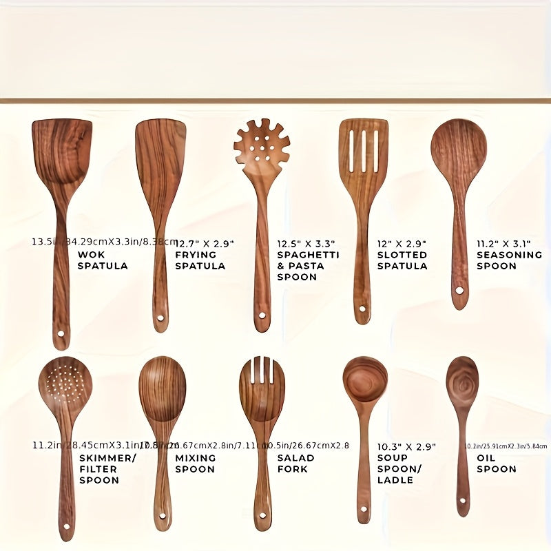 10pcs Premium Teak Cookware Set - Non-Stick, Heat Resistant, Ergonomic Handles for Comfortable Grip - Suitable for Stirring, Baking, Serving, and Easy Cooking, Outdoor Kitchenware Set, Camping Accessories