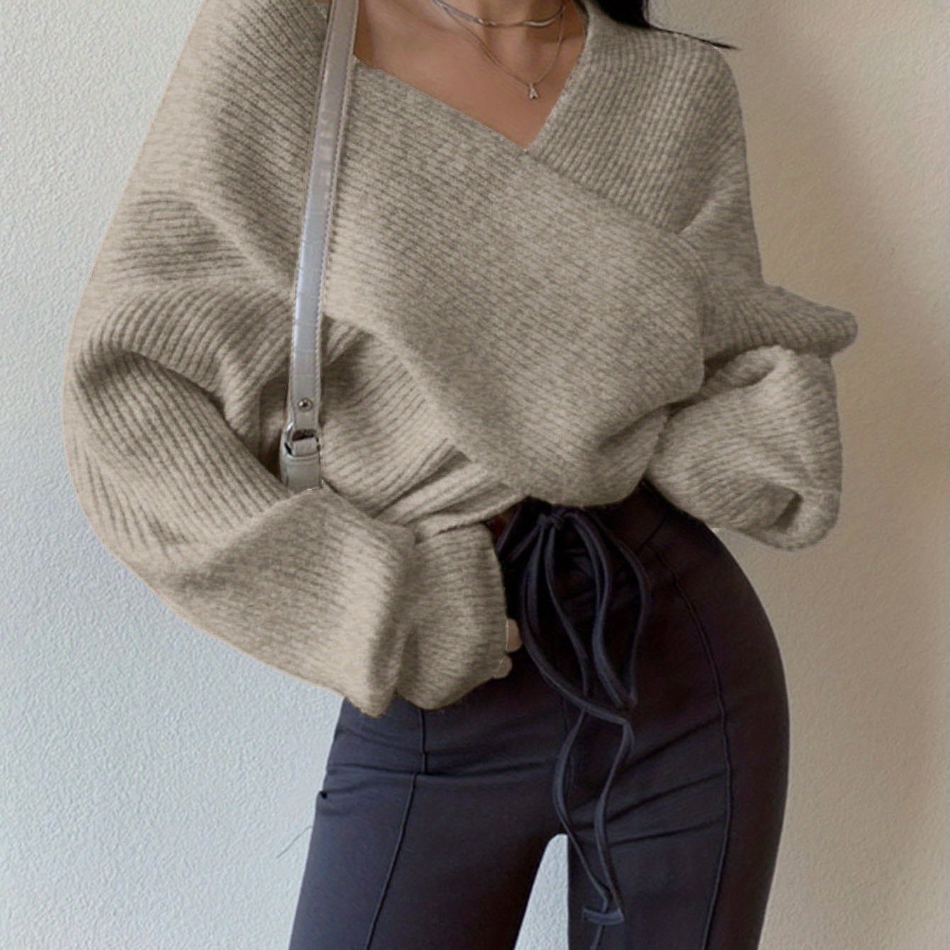 Women's Sexy Off-Shoulder Cross Shoulder Asymmetrical Hem Sweater - Soft Blue Ribbed Loose Fit Short Length H-Line Top for Fall Winter Layering, Ladies Sweaters for Winter, Seasonal Outfit, Breathable Fabric, Pullover, Casual