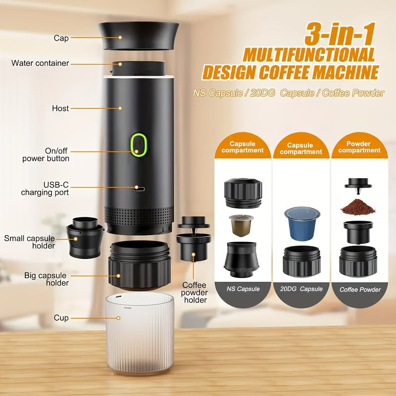 Portable Cordless 3-in-1 Coffee Machine Compatible for Capsule & Ground Coffee, Cold Brew & Heated Coffee Maker with 150ml Cup, Compact Electric Coffee Station for, Travel, Camping, Holiday Gift