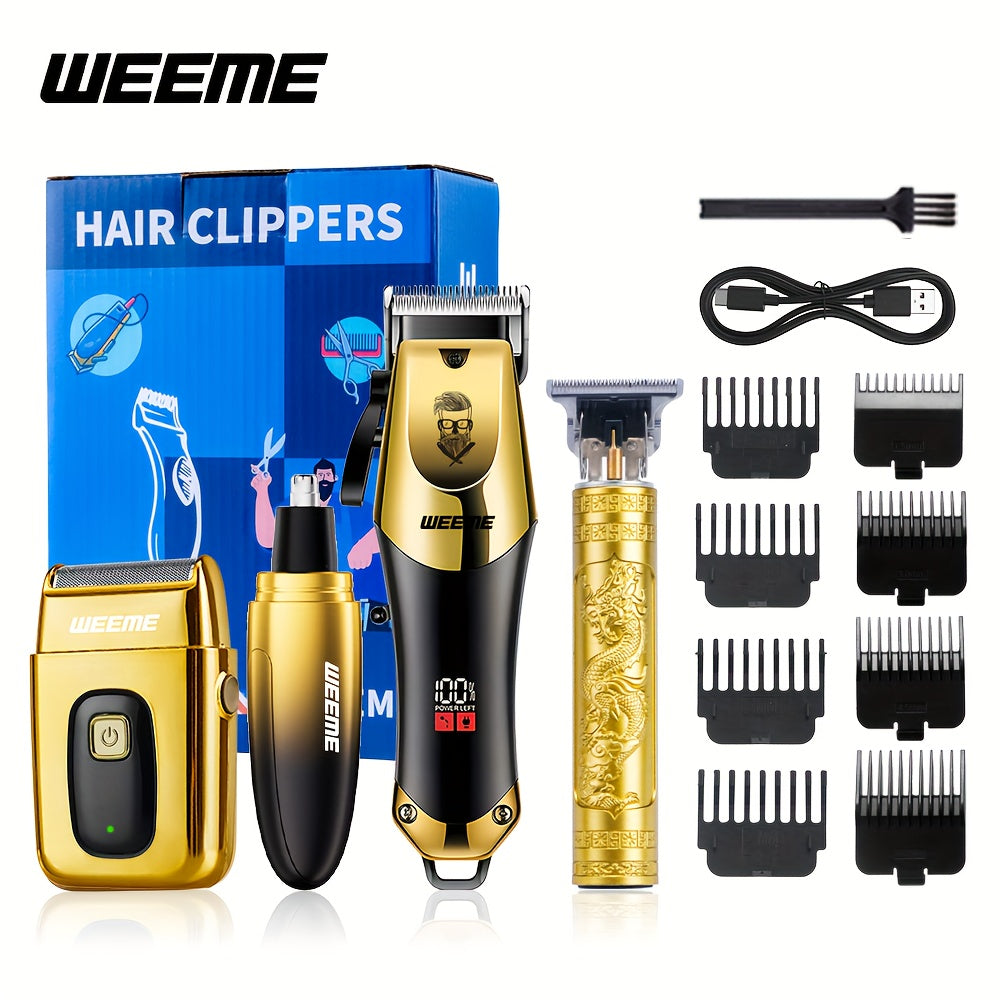 4pcs WEEME Men'S Golden Electric Hair Trimmer Set | Includes Hair Clipper, Shaver, Nose Hair Trimmer, And Fine Trimmer for Home, Car, And Travel Use | USB Charging, Rechargeable Lithium Battery