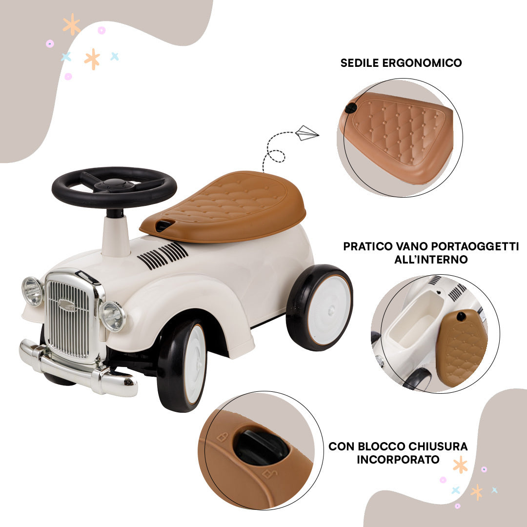 Baroni Toys Vintage Ride-On Car for Children from 12 to 36 Months, Baby Car with Air Horn, Storage Compartment, Steering Handlebar and Stable Wheels for Learning to Walk, 25x59x35 cm