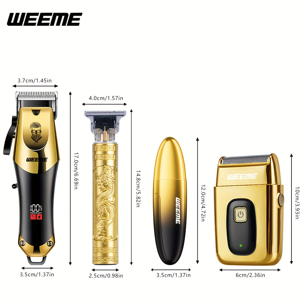 4pcs WEEME Men'S Golden Electric Hair Trimmer Set | Includes Hair Clipper, Shaver, Nose Hair Trimmer, And Fine Trimmer for Home, Car, And Travel Use | USB Charging, Rechargeable Lithium Battery