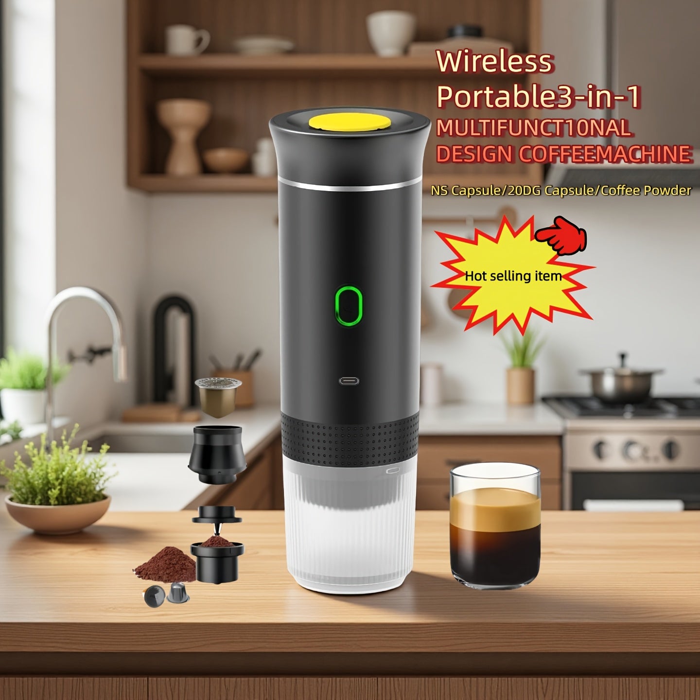 Portable Cordless 3-in-1 Coffee Machine Compatible for Capsule & Ground Coffee, Cold Brew & Heated Coffee Maker with 150ml Cup, Compact Electric Coffee Station for, Travel, Camping, Holiday Gift