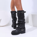 Fashion Trend! Black High-Top Thick-Sole Chunky Heel Boots, Comfortable and Elegant Double Buckle Embellished Women's Boots