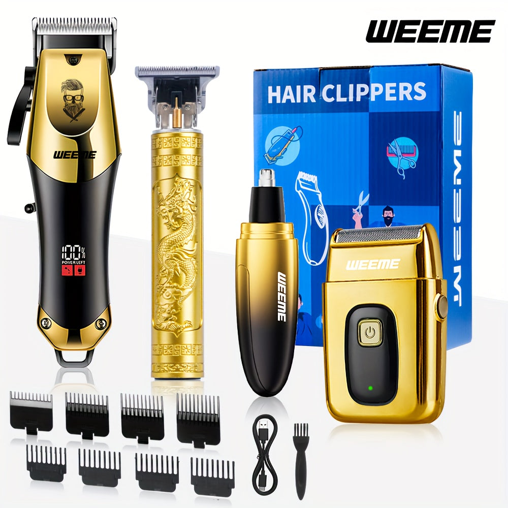 4pcs WEEME Men'S Golden Electric Hair Trimmer Set | Includes Hair Clipper, Shaver, Nose Hair Trimmer, And Fine Trimmer for Home, Car, And Travel Use | USB Charging, Rechargeable Lithium Battery