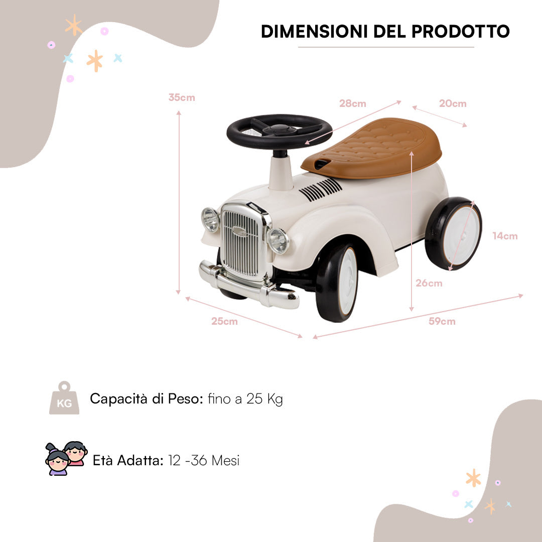 Baroni Toys Vintage Ride-On Car for Children from 12 to 36 Months, Baby Car with Air Horn, Storage Compartment, Steering Handlebar and Stable Wheels for Learning to Walk, 25x59x35 cm