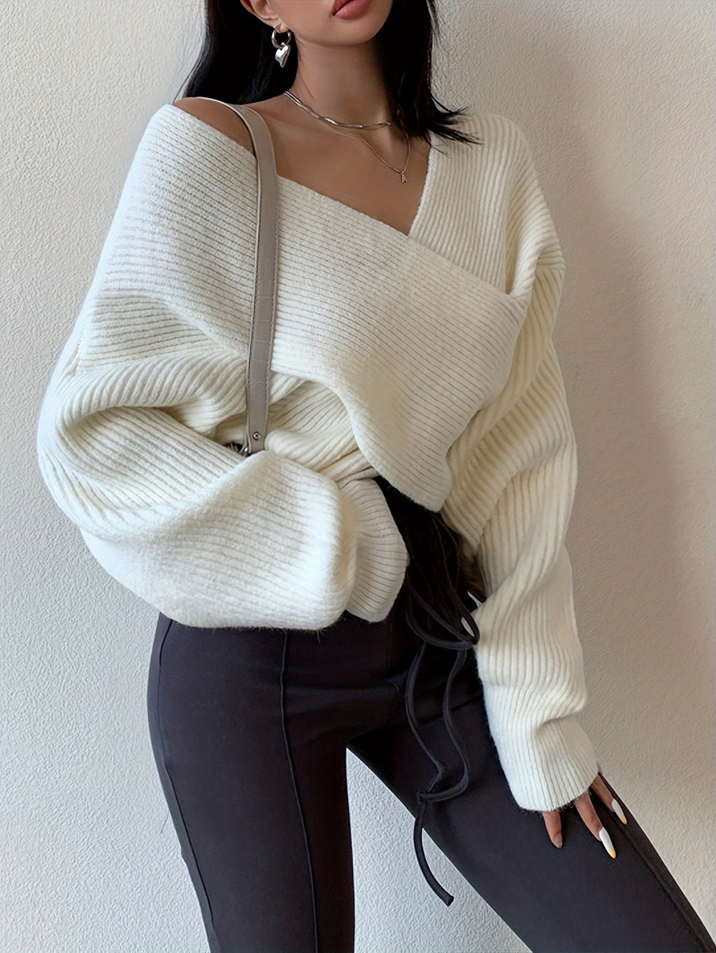 Women's Sexy Off-Shoulder Cross Shoulder Asymmetrical Hem Sweater - Soft Blue Ribbed Loose Fit Short Length H-Line Top for Fall Winter Layering, Ladies Sweaters for Winter, Seasonal Outfit, Breathable Fabric, Pullover, Casual