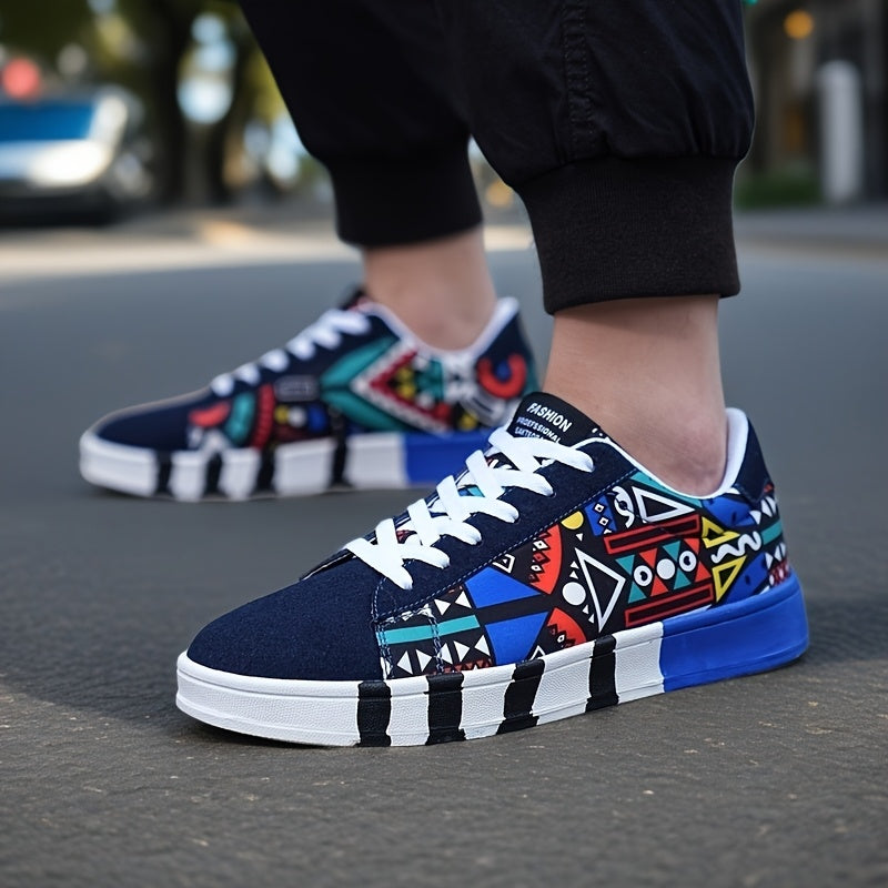 Men'S Fashion Graffiti Letter Print Canvas Sneakers - Casual Lace-up Street Shoes, Running, Tennis, Basketball Shoes, All-Season Comfort, Preppy Style, Low Top, Fabric Upper & Inner, PVC Sole, Cloth Insole, Round Toe