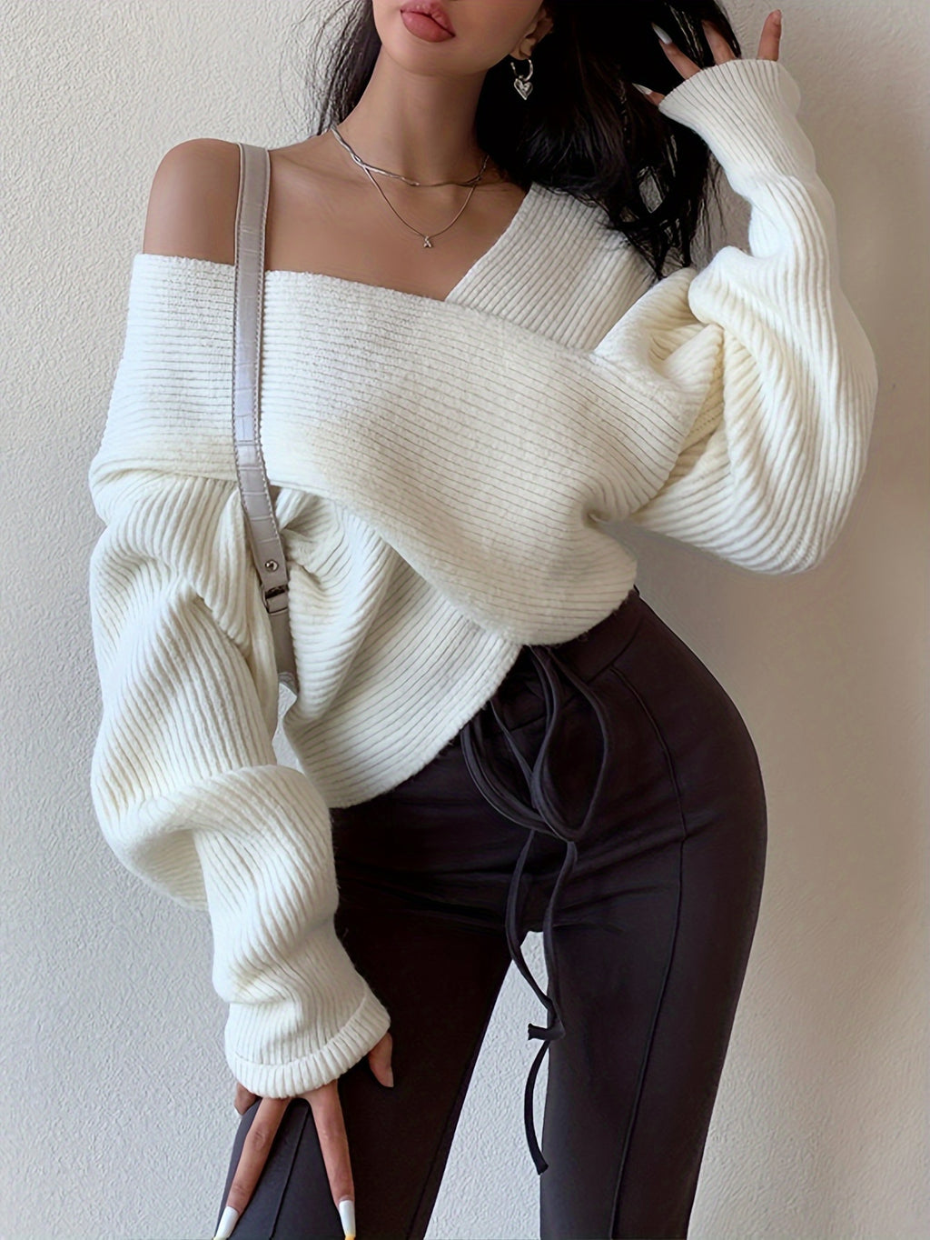 Women's Sexy Off-Shoulder Cross Shoulder Asymmetrical Hem Sweater - Soft Blue Ribbed Loose Fit Short Length H-Line Top for Fall Winter Layering, Ladies Sweaters for Winter, Seasonal Outfit, Breathable Fabric, Pullover, Casual