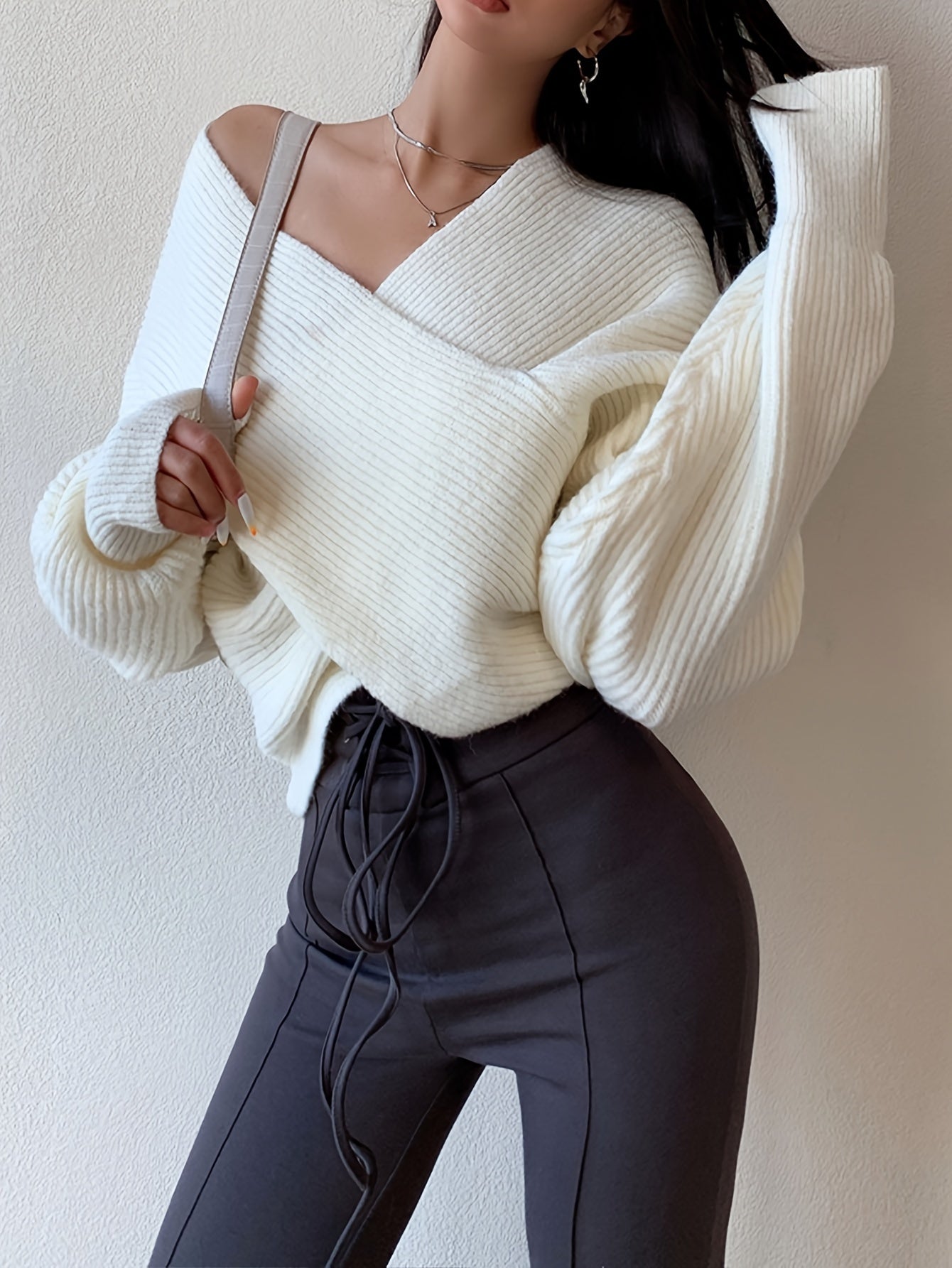 Women's Sexy Off-Shoulder Cross Shoulder Asymmetrical Hem Sweater - Soft Blue Ribbed Loose Fit Short Length H-Line Top for Fall Winter Layering, Ladies Sweaters for Winter, Seasonal Outfit, Breathable Fabric, Pullover, Casual