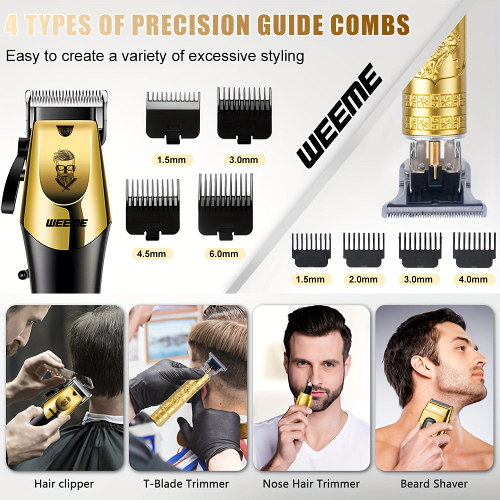 4pcs WEEME Men'S Golden Electric Hair Trimmer Set | Includes Hair Clipper, Shaver, Nose Hair Trimmer, And Fine Trimmer for Home, Car, And Travel Use | USB Charging, Rechargeable Lithium Battery