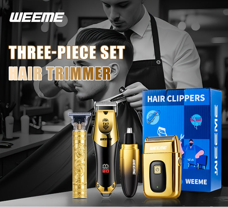 4pcs WEEME Men'S Golden Electric Hair Trimmer Set | Includes Hair Clipper, Shaver, Nose Hair Trimmer, And Fine Trimmer for Home, Car, And Travel Use | USB Charging, Rechargeable Lithium Battery