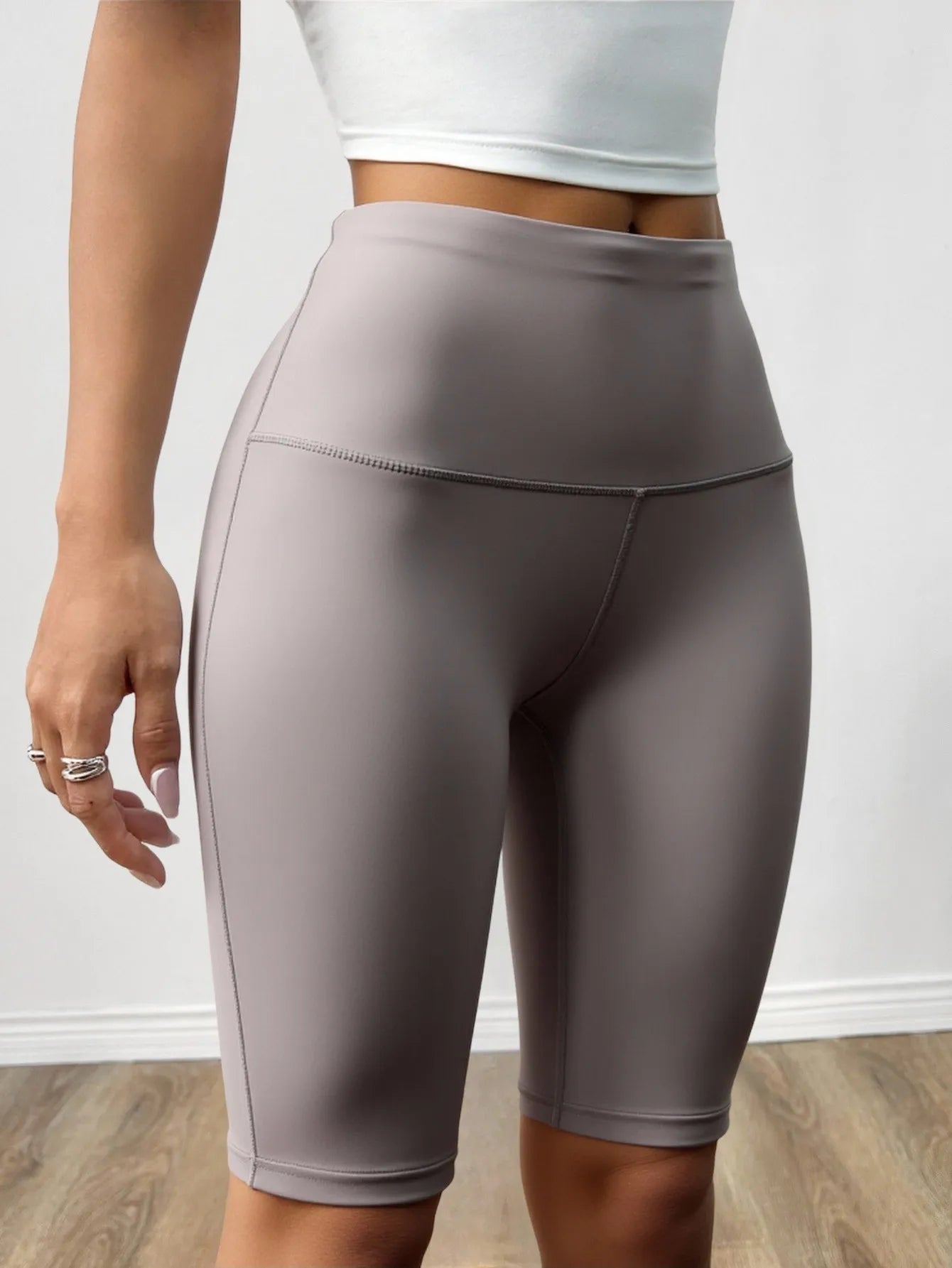 High Waist Seamless Unisex Biker Shorts Drawstring Closure Workout Yoga-Wholesale Grey Polyester Sports Fitness Activewear China