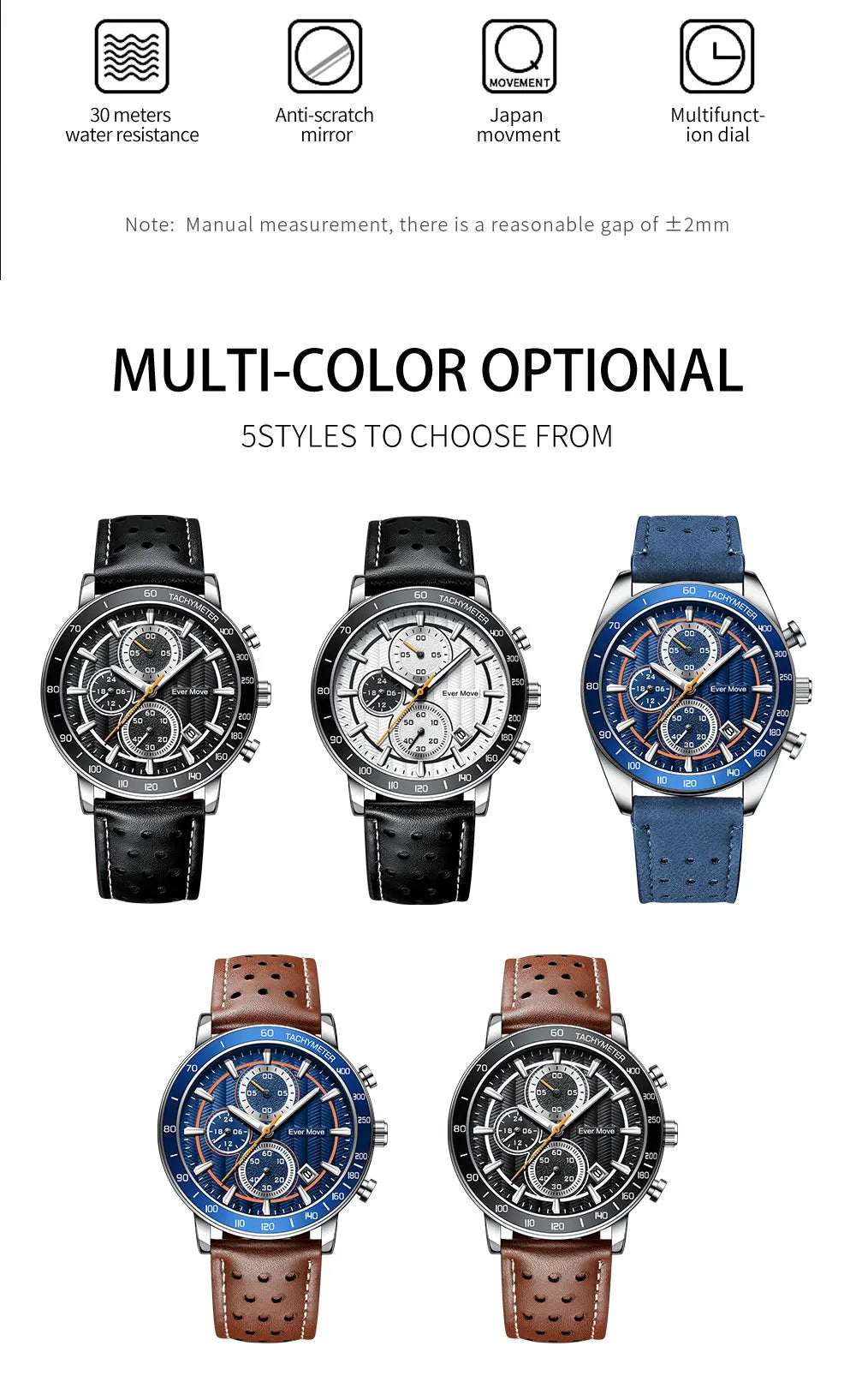 Men's Luxury 45mm Waterproof Quartz Watch Genuine Leather Band 22mm Width ETA Movement Steel Alloy Glass Business Sports ODM