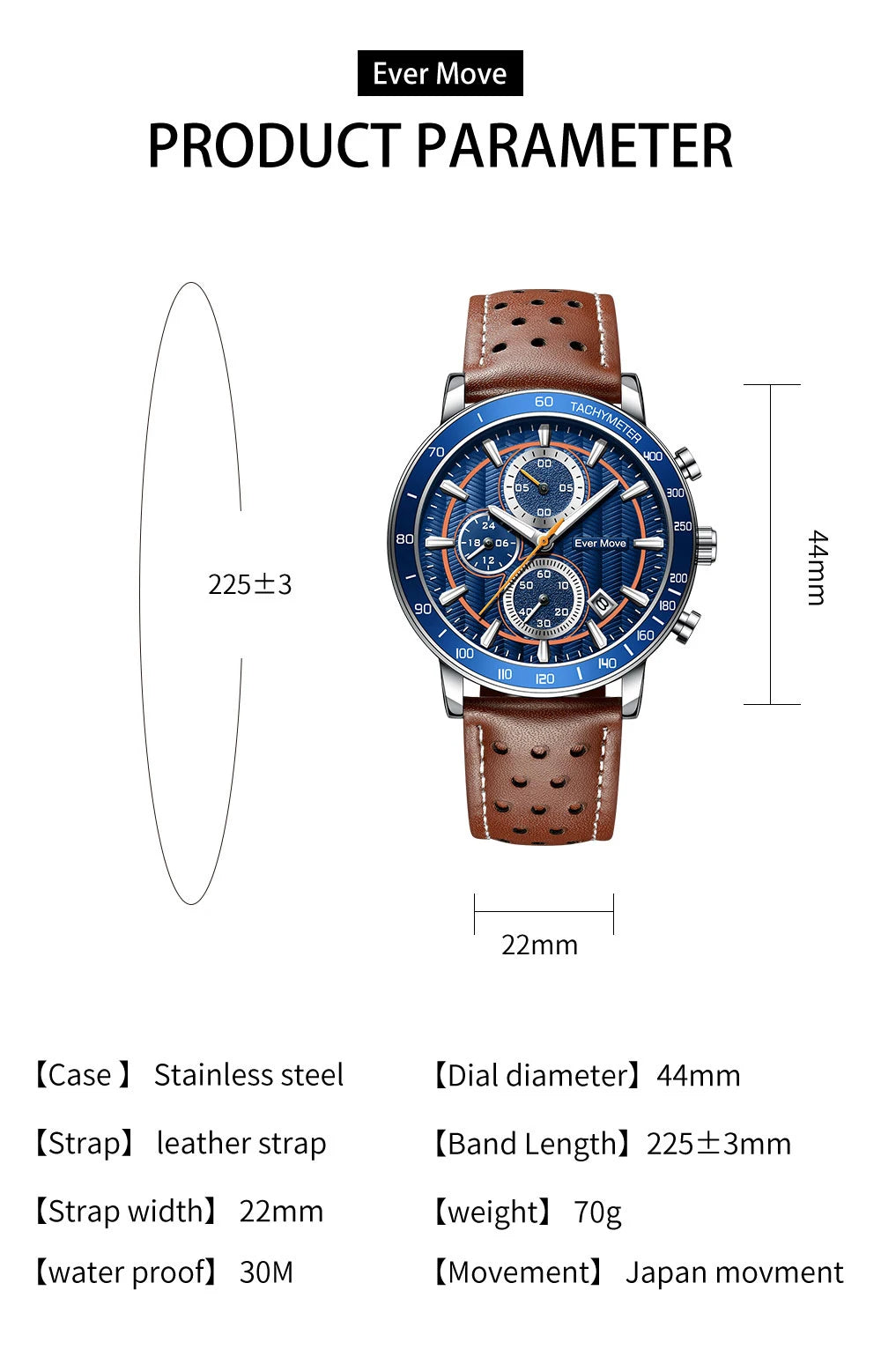Men's Luxury 45mm Waterproof Quartz Watch Genuine Leather Band 22mm Width ETA Movement Steel Alloy Glass Business Sports ODM