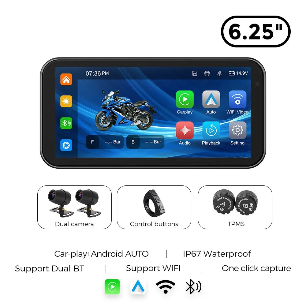 Portable 6.25 inch IP67 Waterproof Motorcycle GPS Navigation Wireless Carplay Android Auto DVR Drive Recorder Moto Monitor WIFI