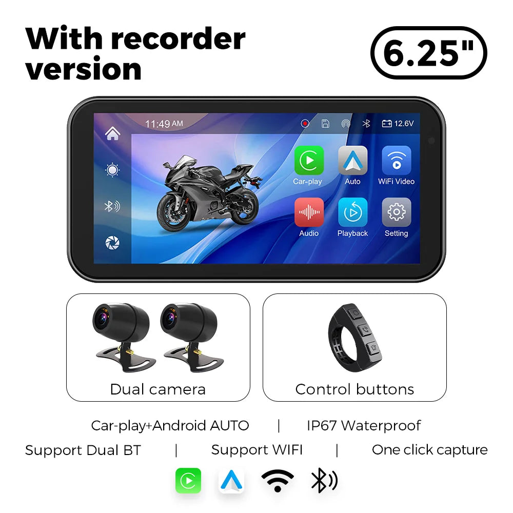 Portable 6.25 inch IP67 Waterproof Motorcycle GPS Navigation Wireless Carplay Android Auto DVR Drive Recorder Moto Monitor WIFI