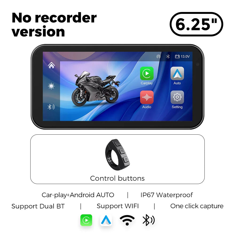 Portable 6.25 inch IP67 Waterproof Motorcycle GPS Navigation Wireless Carplay Android Auto DVR Drive Recorder Moto Monitor WIFI