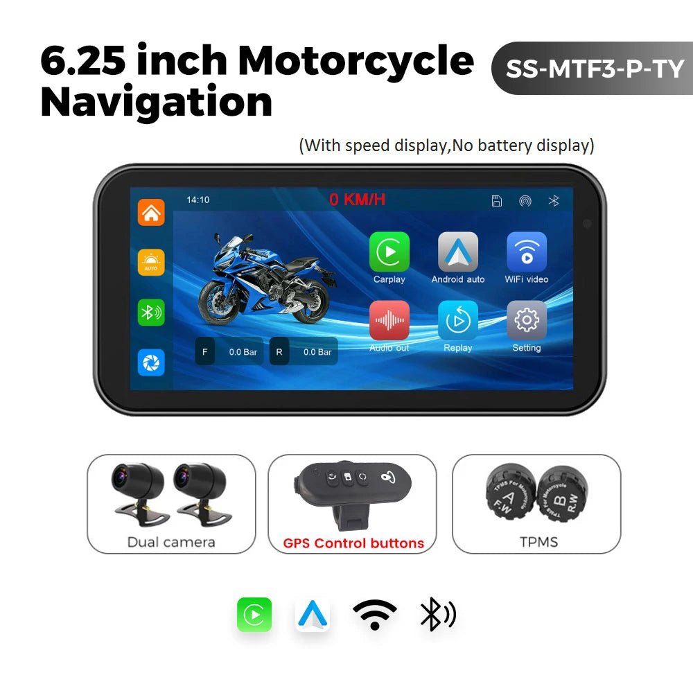 Portable 6.25 inch IP67 Waterproof Motorcycle GPS Navigation Wireless Carplay Android Auto DVR Drive Recorder Moto Monitor WIFI