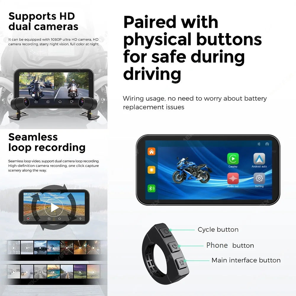 Portable 6.25 inch IP67 Waterproof Motorcycle GPS Navigation Wireless Carplay Android Auto DVR Drive Recorder Moto Monitor WIFI