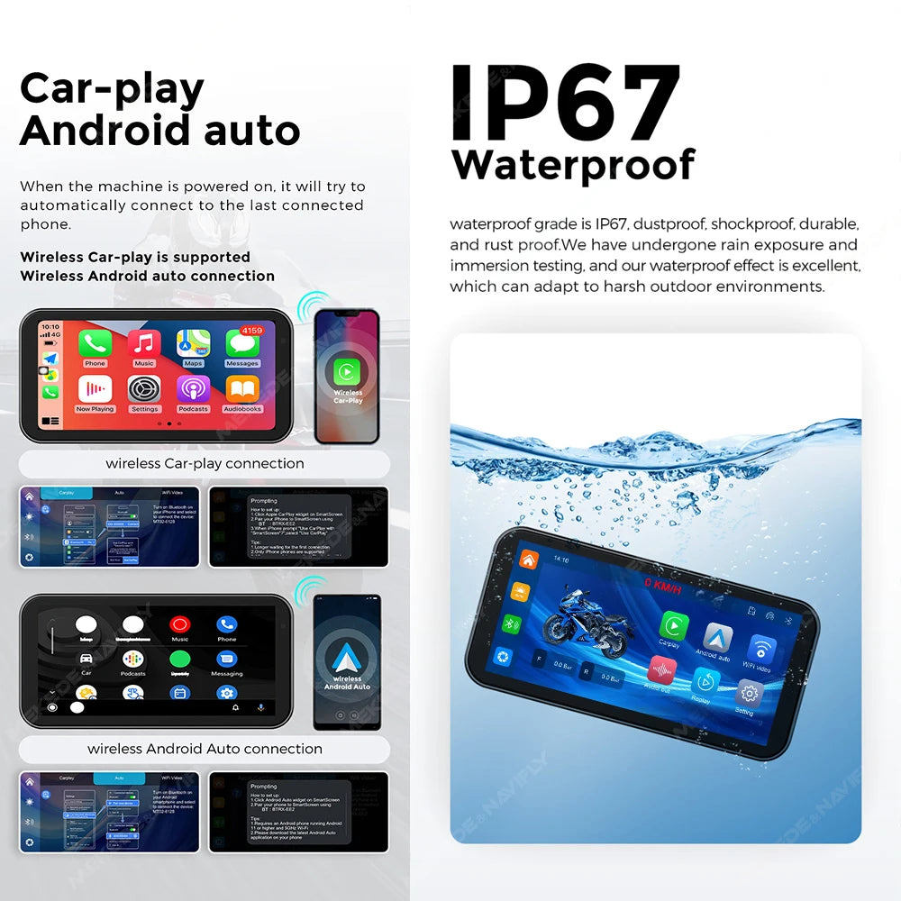 Portable 6.25 inch IP67 Waterproof Motorcycle GPS Navigation Wireless Carplay Android Auto DVR Drive Recorder Moto Monitor WIFI