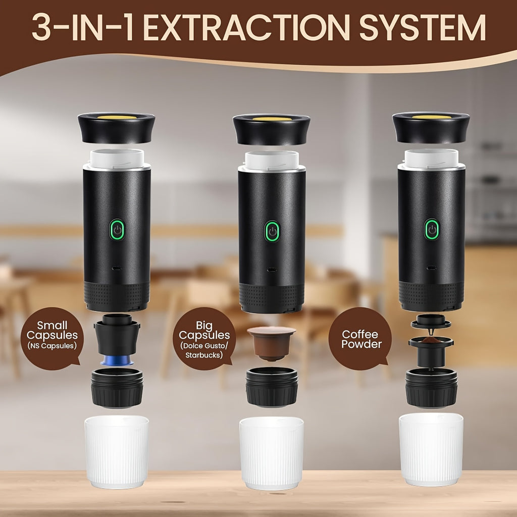 Portable Cordless 3-in-1 Coffee Machine Compatible for Capsule & Ground Coffee, Cold Brew & Heated Coffee Maker with 150ml Cup, Compact Electric Coffee Station for, Travel, Camping, Holiday Gift