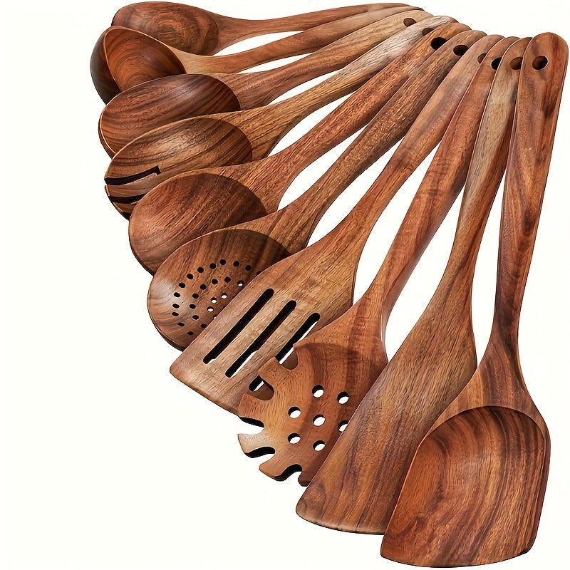 10pcs Premium Teak Cookware Set - Non-Stick, Heat Resistant, Ergonomic Handles for Comfortable Grip - Suitable for Stirring, Baking, Serving, and Easy Cooking, Outdoor Kitchenware Set, Camping Accessories