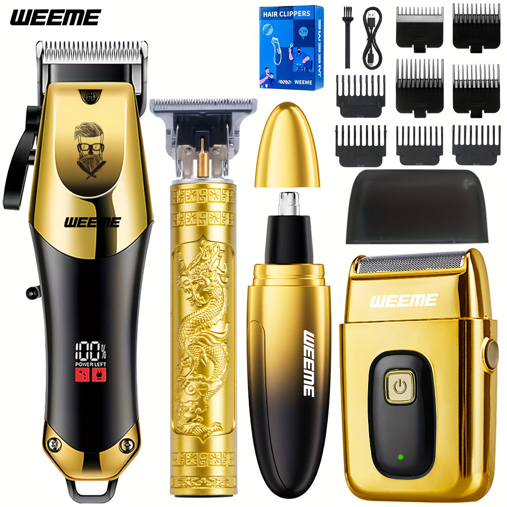 4pcs WEEME Men'S Golden Electric Hair Trimmer Set | Includes Hair Clipper, Shaver, Nose Hair Trimmer, And Fine Trimmer for Home, Car, And Travel Use | USB Charging, Rechargeable Lithium Battery