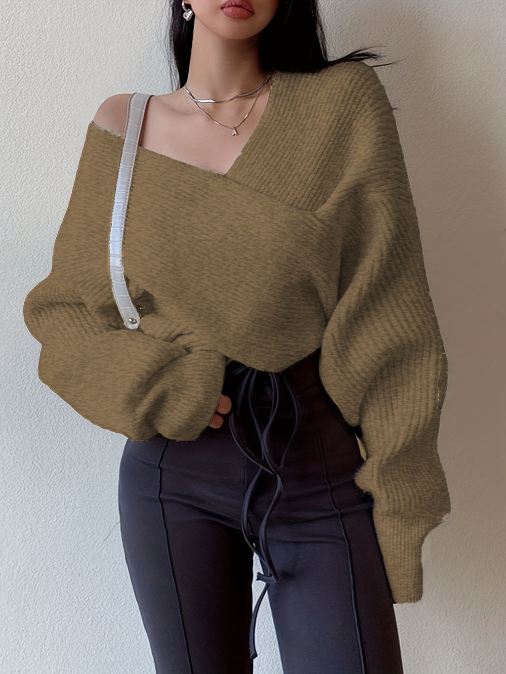 Women's Sexy Off-Shoulder Cross Shoulder Asymmetrical Hem Sweater - Soft Blue Ribbed Loose Fit Short Length H-Line Top for Fall Winter Layering, Ladies Sweaters for Winter, Seasonal Outfit, Breathable Fabric, Pullover, Casual